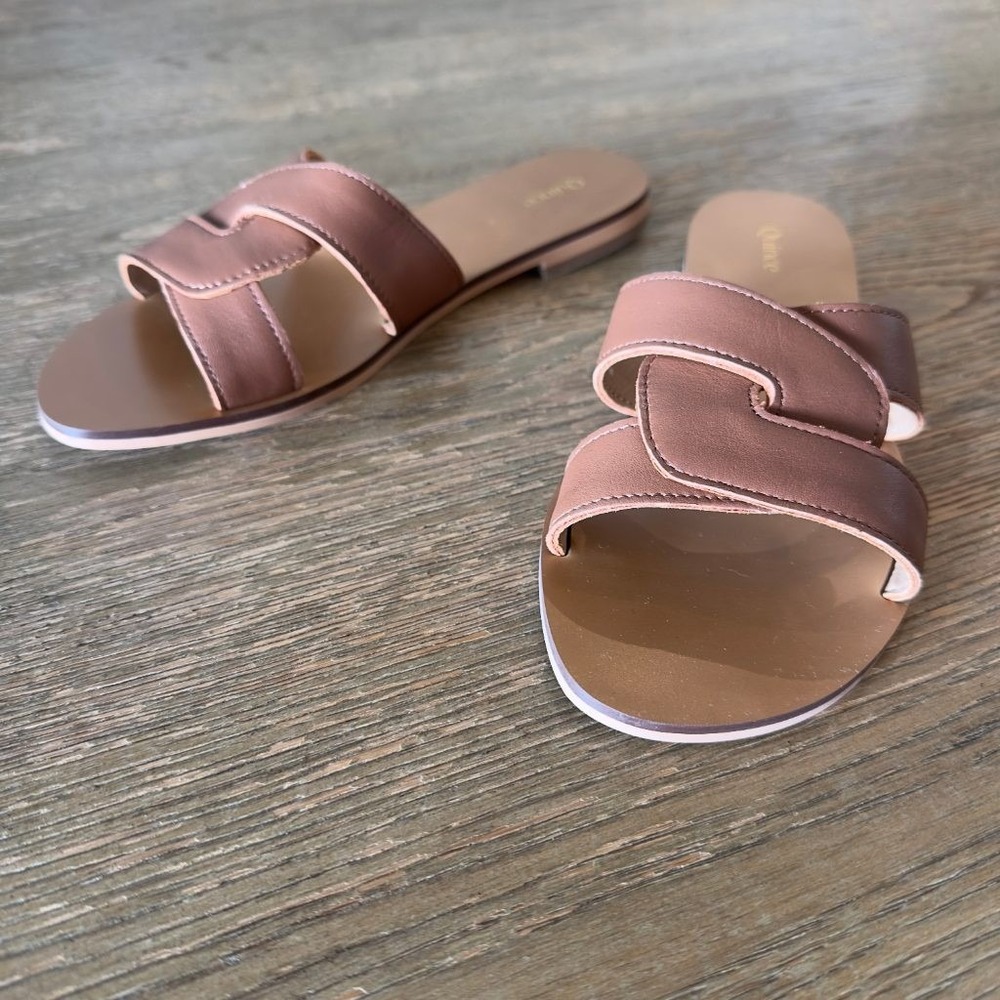 NEW Quince Women's Leather H-Band Slide Sandals Brown Cognac Flat Size 6.5 W
